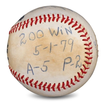 1979 Phil Niekro Game Used and Signed/Inscribed Baseball From 200th Win Game (MEARS)